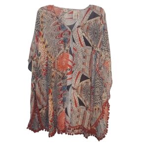 Soft Surroundings Kimono Topper Colorful Patterned Boho Pom Poms One Size
